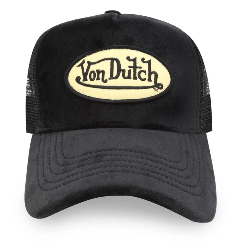 Von Dutch Black Velvet Trucker Hat - Black & Yellow